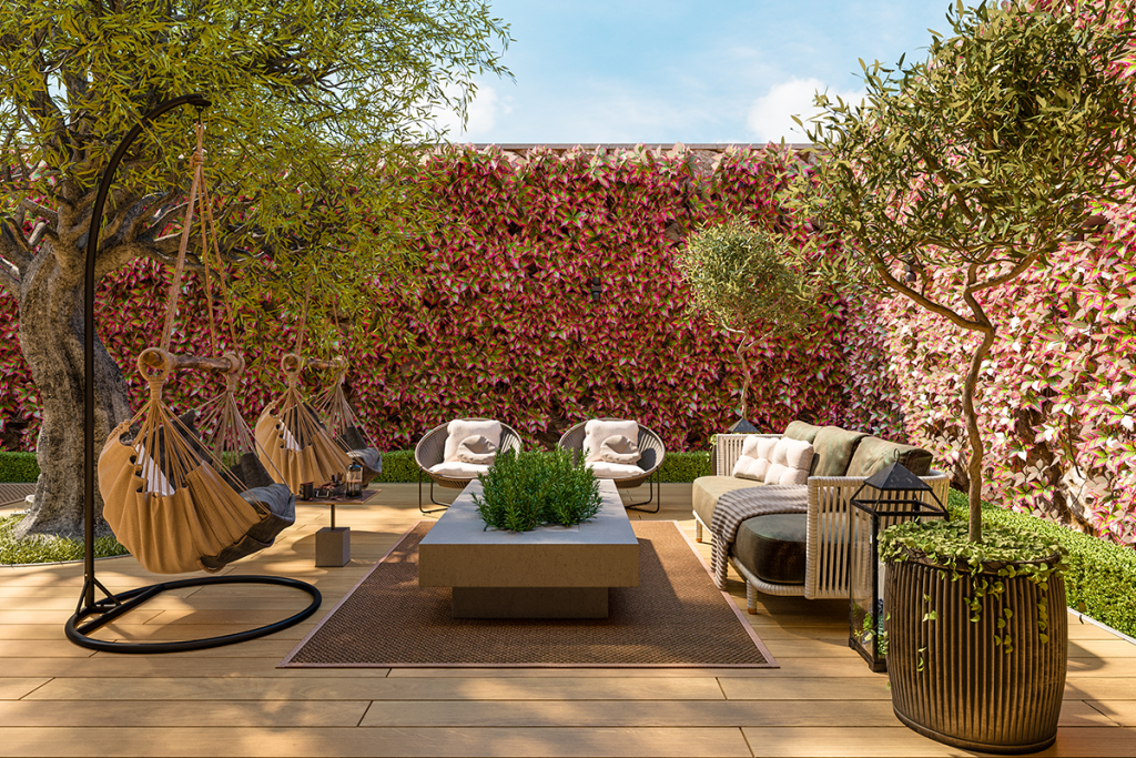 Patio rendering of sofa, chairs and floral wall background
